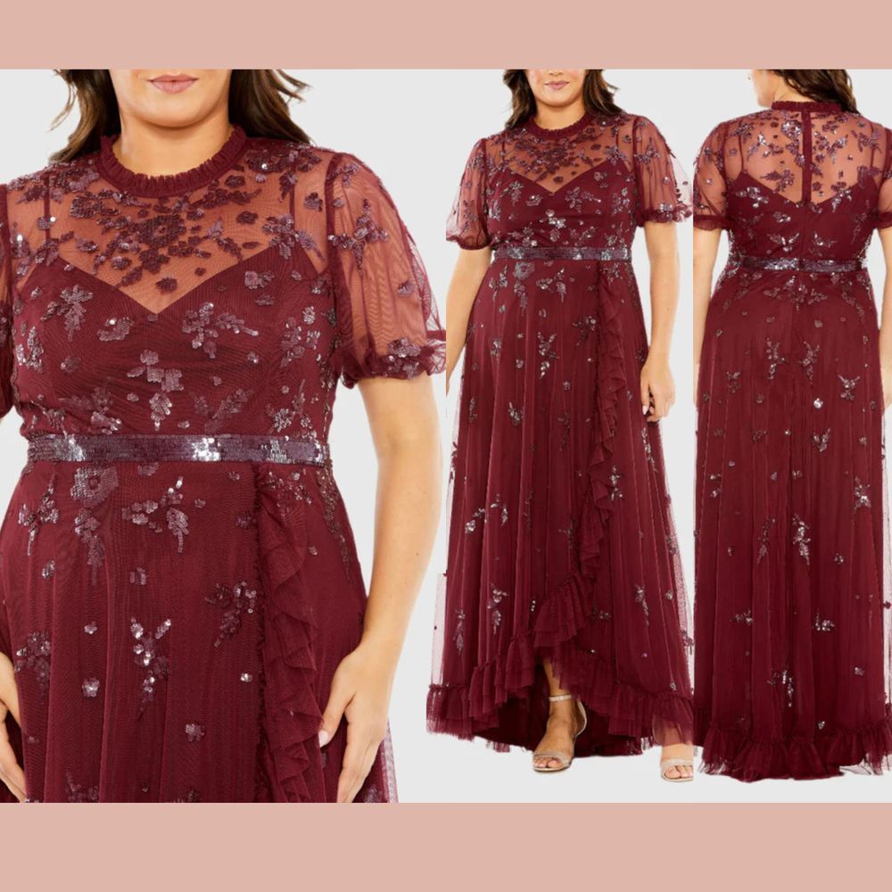 NWT Mac Duggal [ 24W ] 9269 Puff Short Sleeve Embellished Faux Wrap Gown Q1075‎
